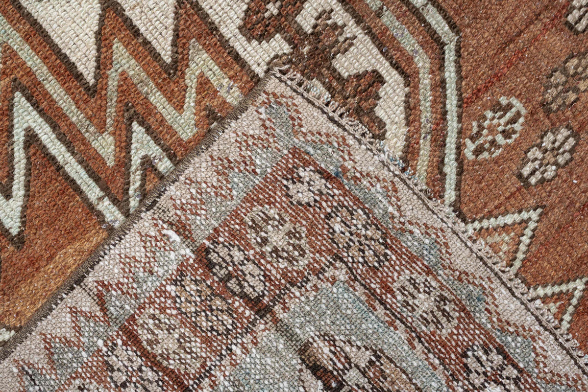 3' x 9' one-of-a-kind handmade antique Mazlagan runner rug. Color palette: rust, ivory, pale blue gray, terracotta, charcoal