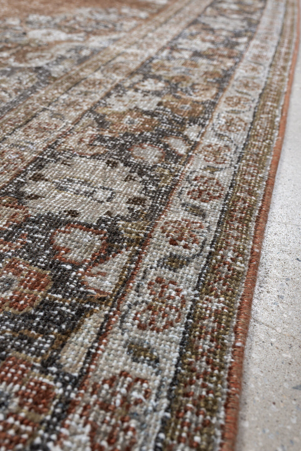 6' x 9' one-of-a-kind handmade antique Mahal large size rug. Color palette: terracotta, ivory, slate blue, taupe, charcoal