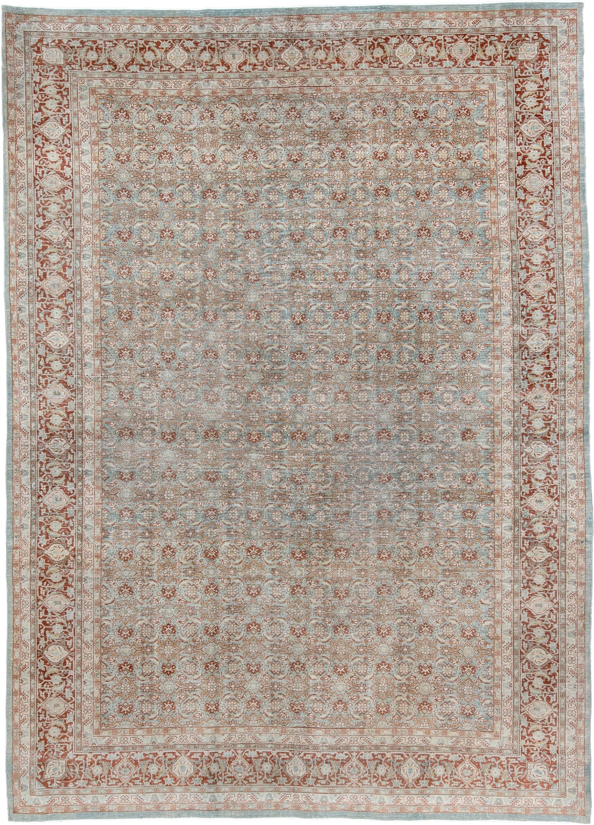 8' x 11' one-of-a-kind handmade antique Tabriz large size rug. Color palette: aqua, ivory, rust, terracotta, sage, pale blue