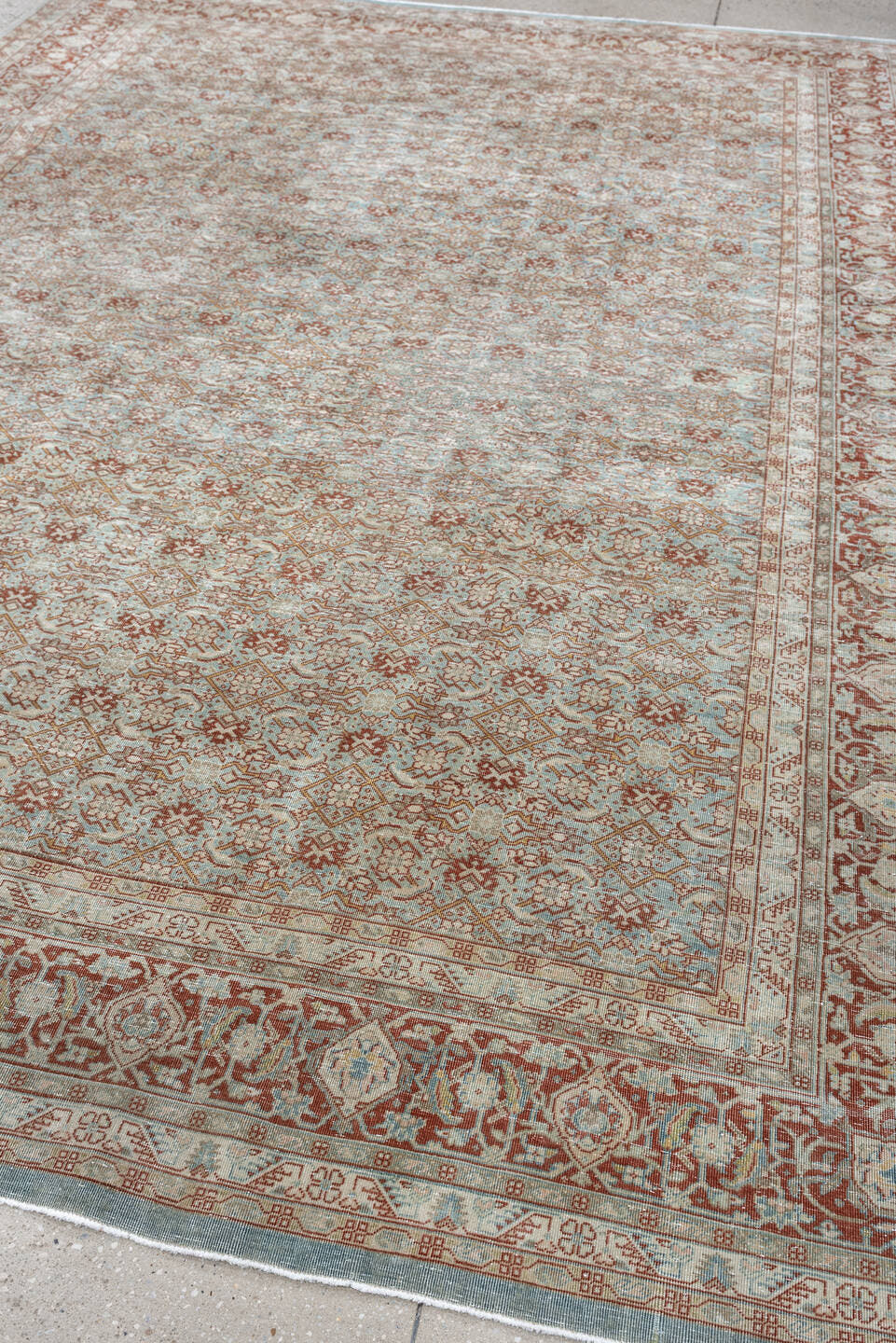 8' x 11' one-of-a-kind handmade antique Tabriz large size rug. Color palette: aqua, ivory, rust, terracotta, sage, pale blue