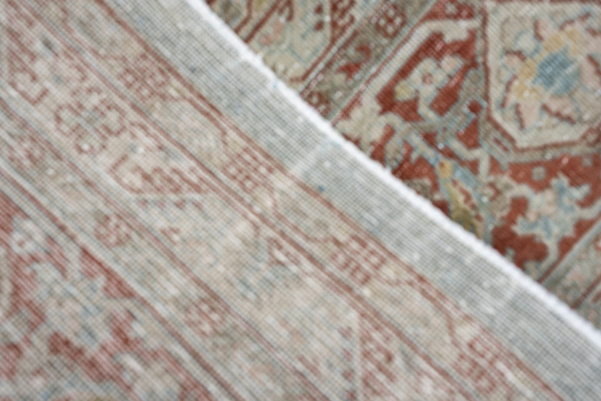 8' x 11' one-of-a-kind handmade antique Tabriz large size rug. Color palette: aqua, ivory, rust, terracotta, sage, pale blue