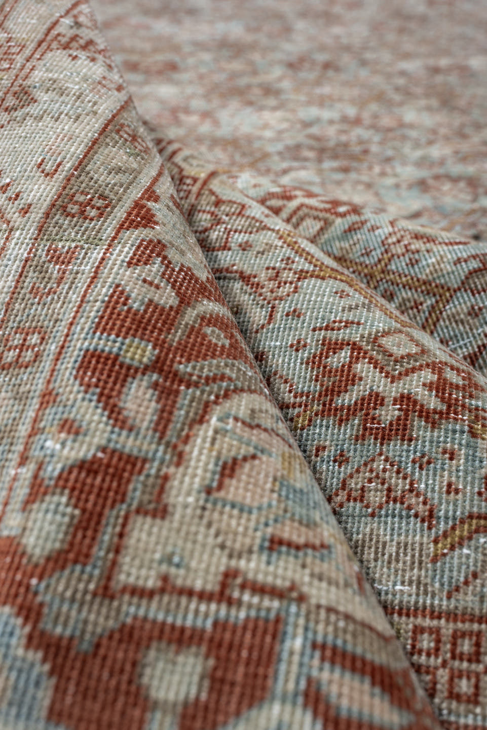 8' x 11' one-of-a-kind handmade antique Tabriz large size rug. Color palette: aqua, ivory, rust, terracotta, sage, pale blue
