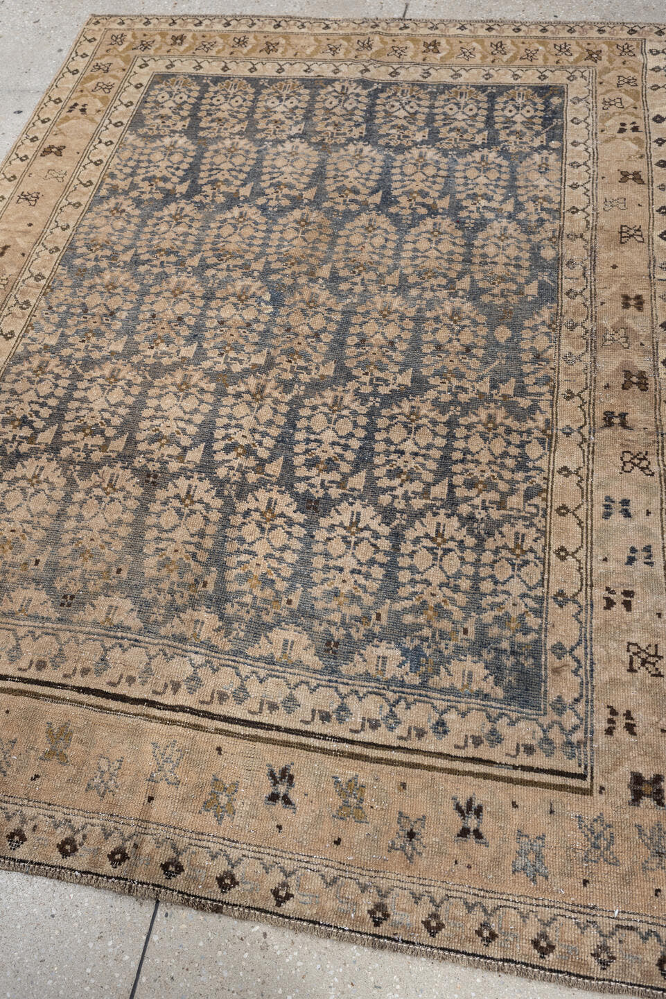 4' x 5' one-of-a-kind handmade antique Malayer small size rug. Color palette: blue gray, ivory, camel, taupe, charcoal