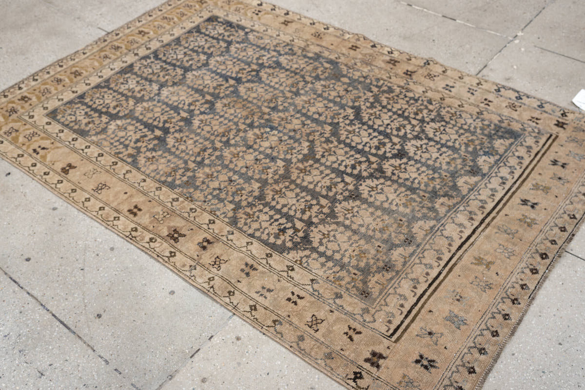 4' x 5' one-of-a-kind handmade antique Malayer small size rug. Color palette: blue gray, ivory, camel, taupe, charcoal