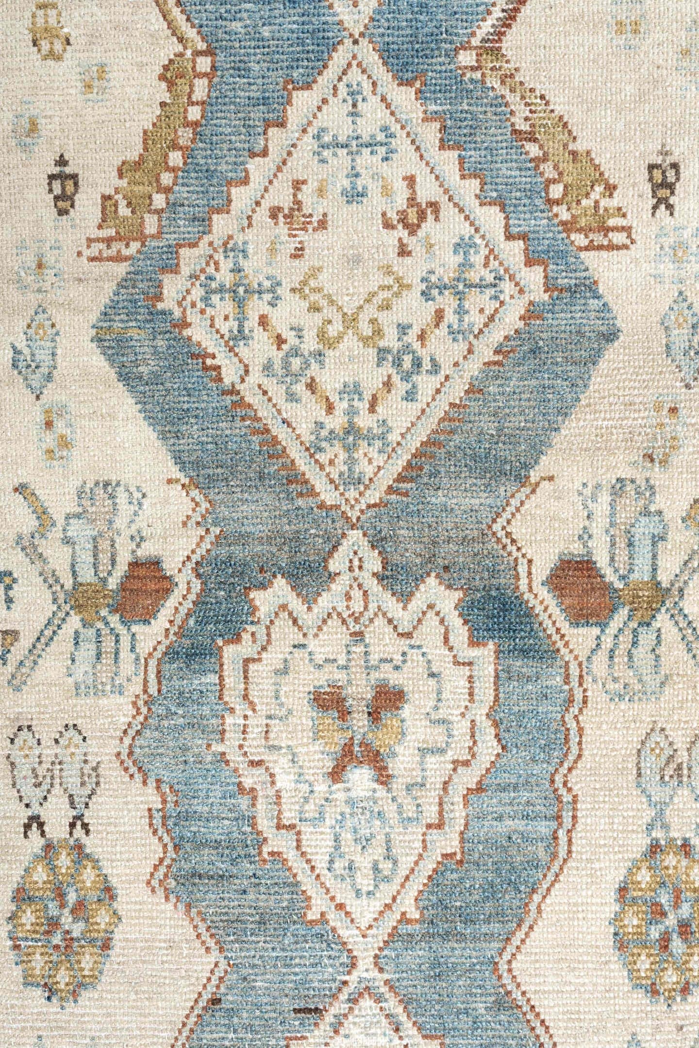 3' x 12' one-of-a-kind handmade antique NW Persian runner rug. Color palette: ivory, soft blue, rust, camel, taupe, sage