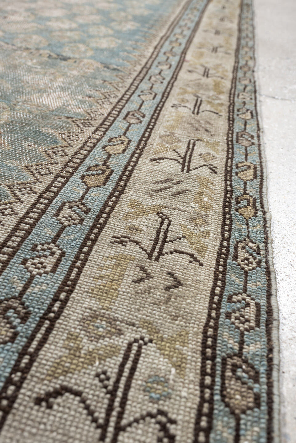 3' x 9' one-of-a-kind handmade antique Malayer runner rug. Color palette: powder blue, ivory, taupe, beige, camel, slate