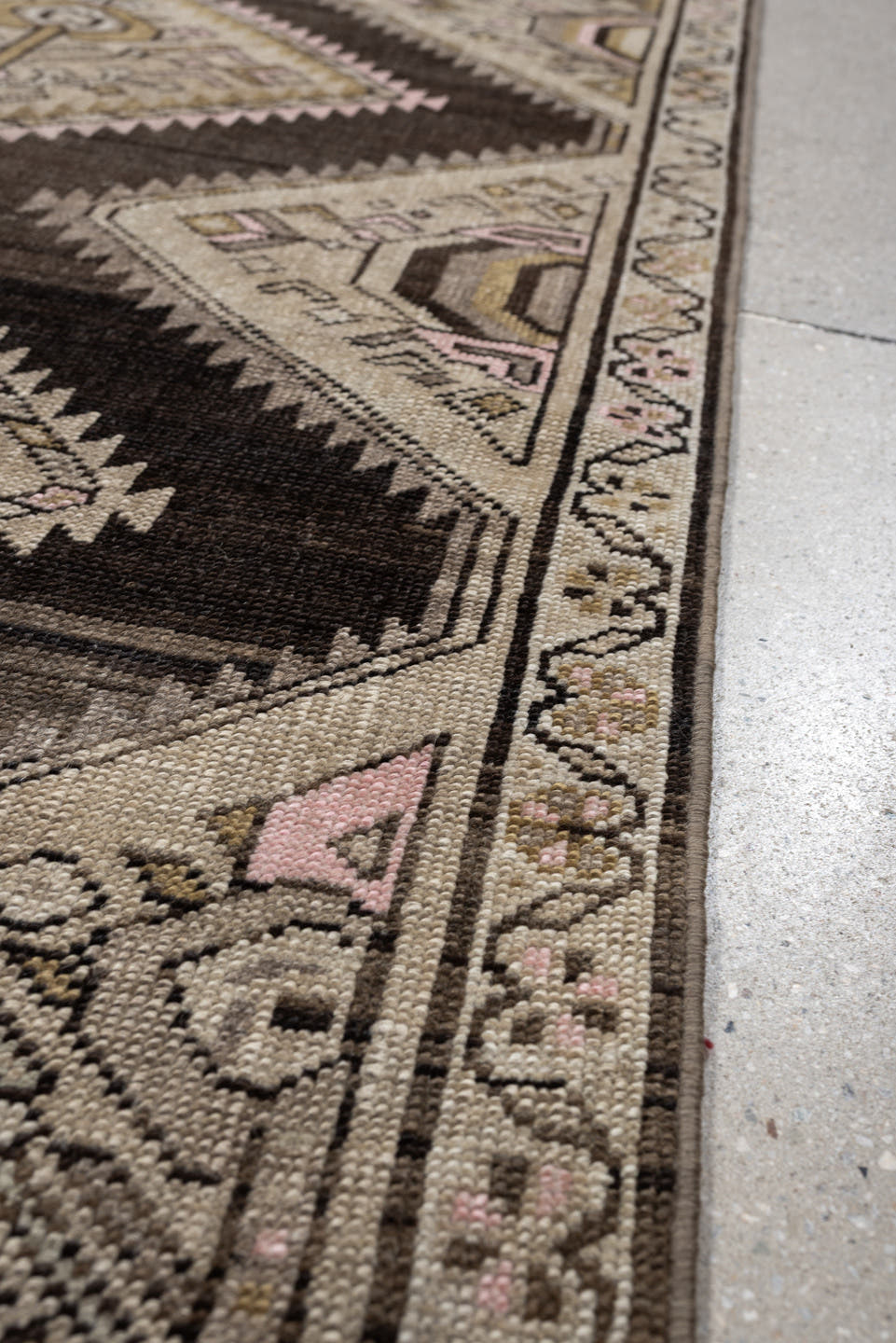 3' x 9' one-of-a-kind handmade antique NW Persian runner rug. Color palette: dark brown, ivory, taupe, blush pink, camel