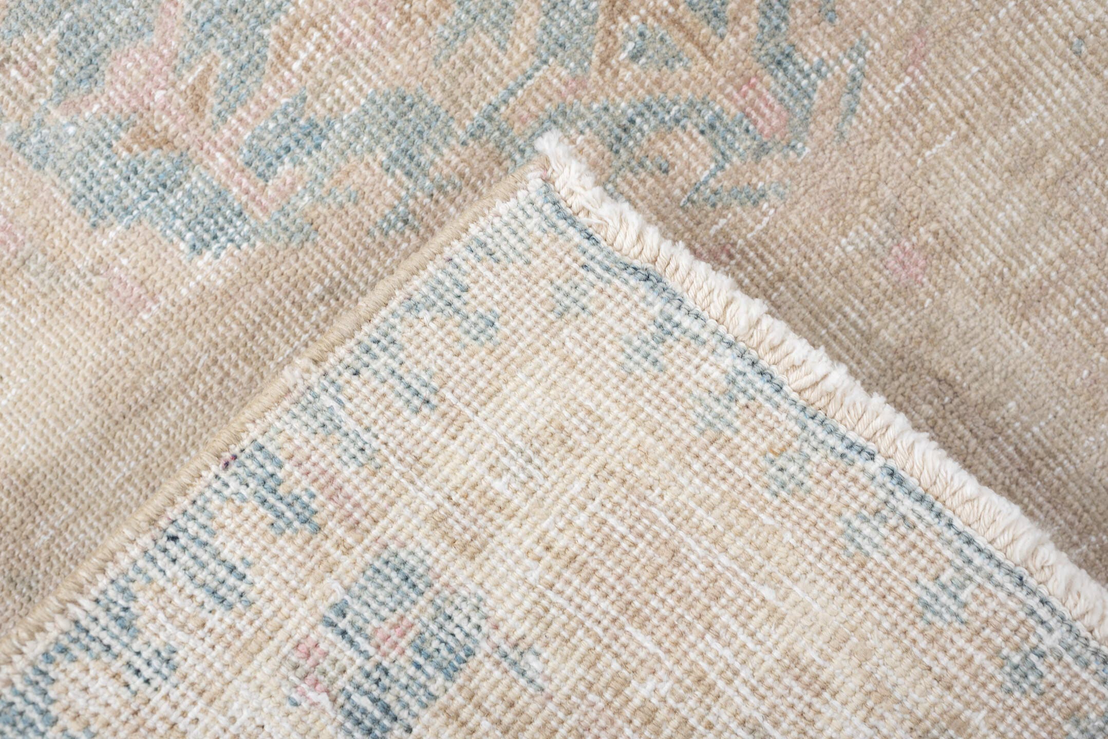 3' x 10' one-of-a-kind handmade antique Sarab runner rug. Color palette: ivory, pale blue, blush, beige, taupe, light blue