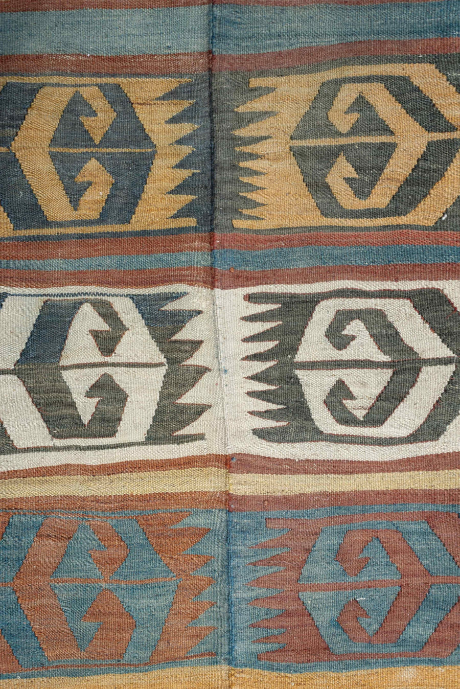5' x 12' one-of-a-kind handmade antique Kilim large size rug. Color palette: camel, ivory, teal, rust, charcoal, terra cotta