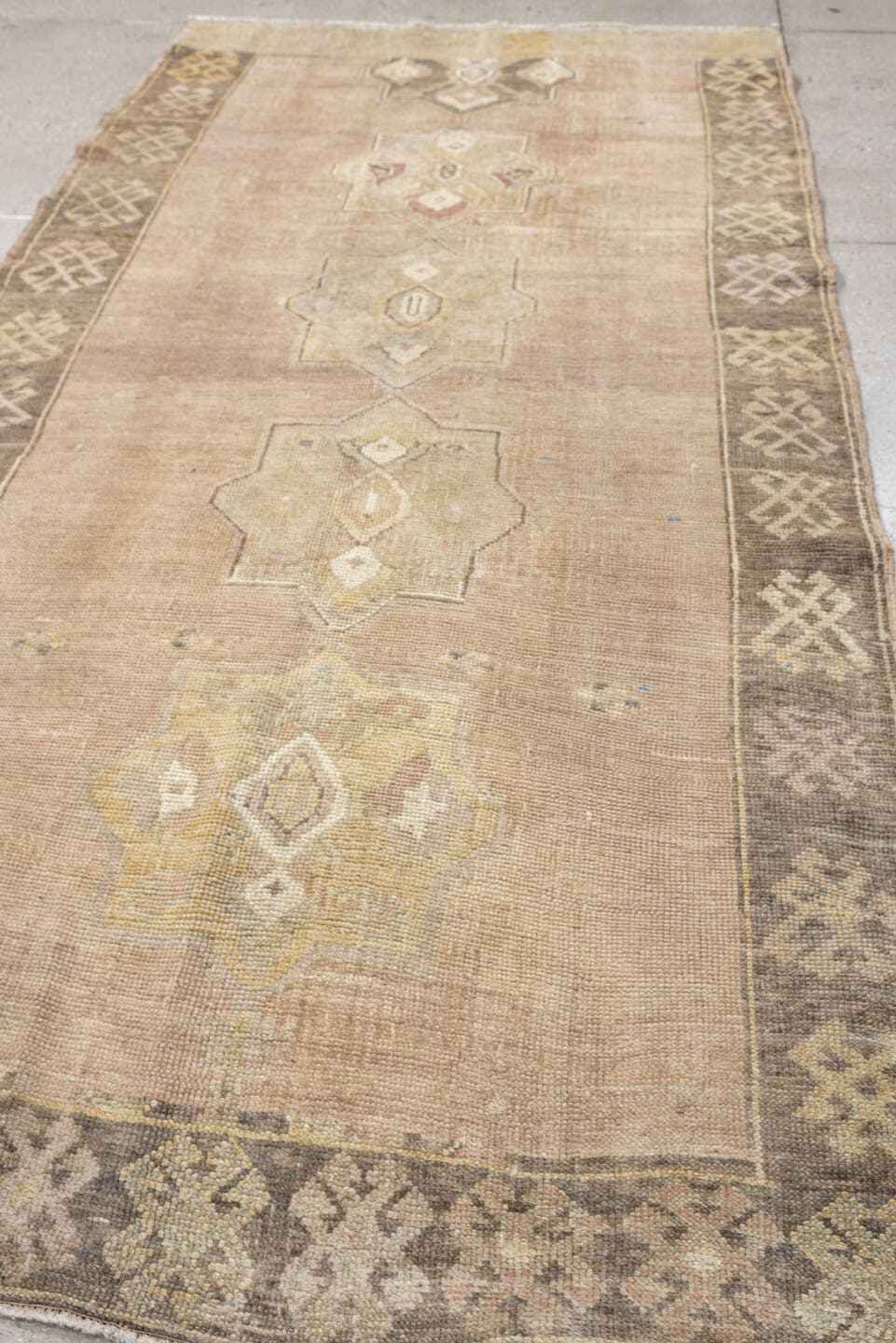 4' x 8' one-of-a-kind handmade antique Kars runner rug. Color palette: blush beige, taupe, ivory, sage, rose, brown, sand