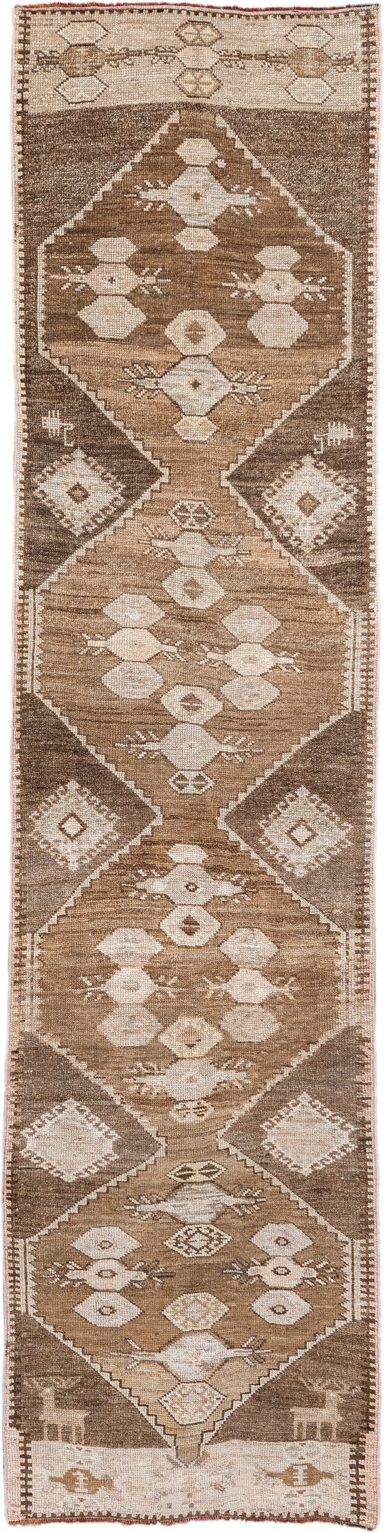 2' x 10' one-of-a-kind handmade antique Kars runner rug. Color palette: taupe, camel, brown, ivory, cream, beige, gray