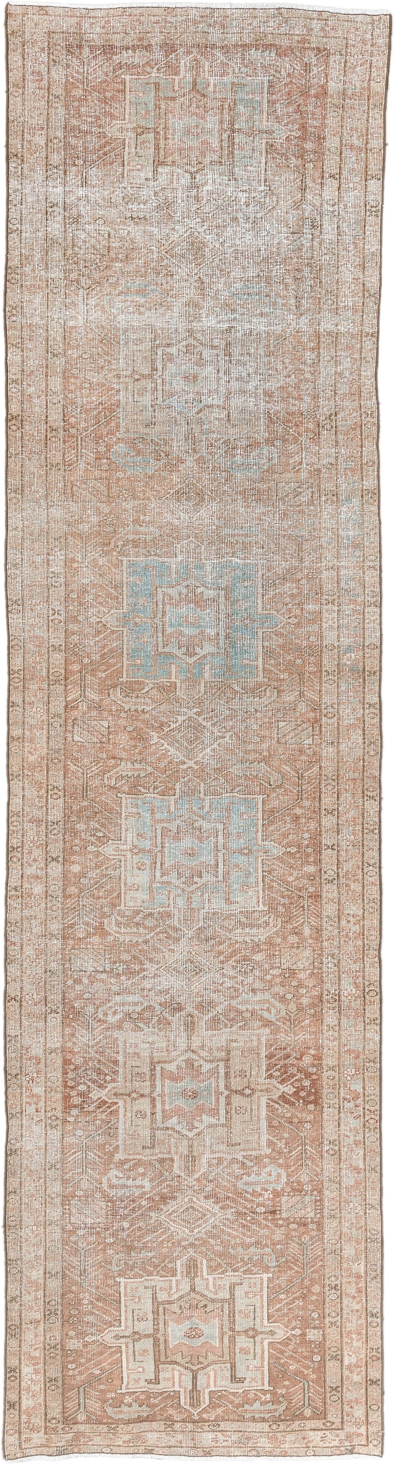 3' x 12' one-of-a-kind handmade vintage Heriz runner rug. Color palette: blush, ivory, pale blue, taupe, camel, pink