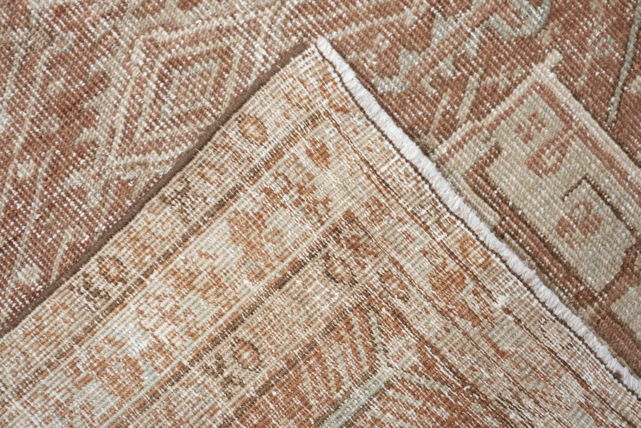 3' x 12' one-of-a-kind handmade vintage Heriz runner rug. Color palette: blush, ivory, pale blue, taupe, camel, pink