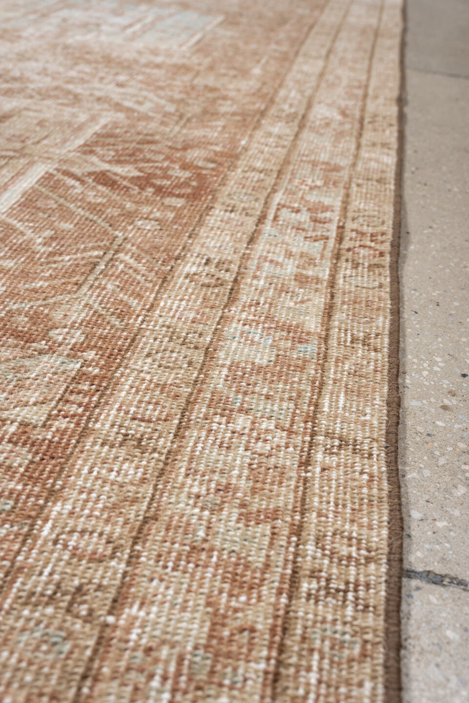 3' x 12' one-of-a-kind handmade vintage Heriz runner rug. Color palette: blush, ivory, pale blue, taupe, camel, pink