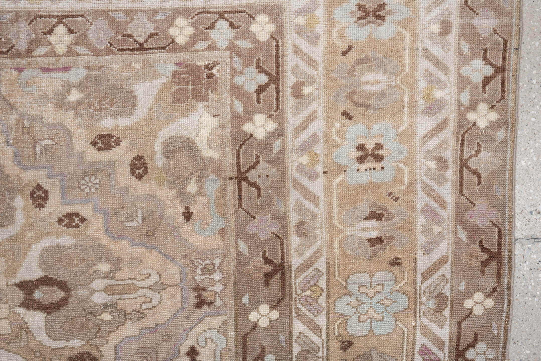 4' x 6' one-of-a-kind handmade antique Sivas rug. Color palette: ivory, taupe, camel, pale blue, soft brown, beige, lavender