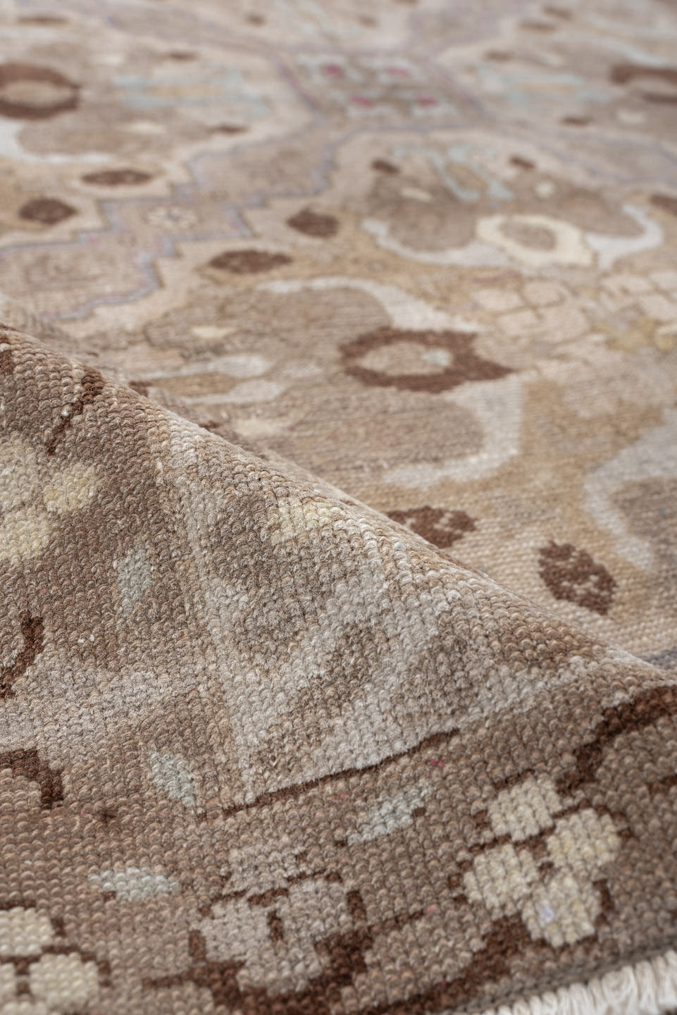 4' x 6' one-of-a-kind handmade antique Sivas rug. Color palette: ivory, taupe, camel, pale blue, soft brown, beige, lavender