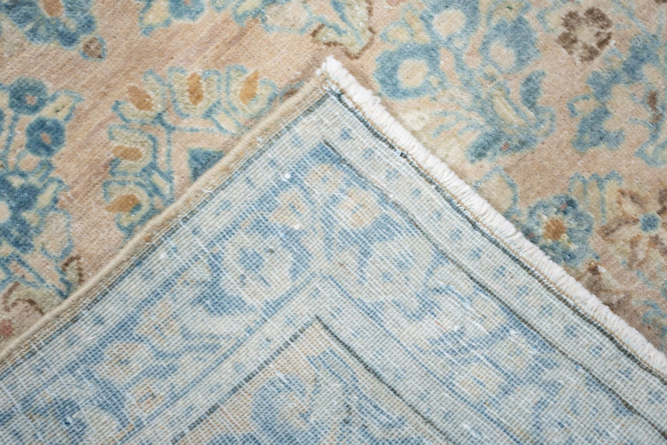 2' x 4' one-of-a-kind handmade antique Sarouk small size rug. Color palette: ivory, sky blue, pale aqua, taupe, blush, camel