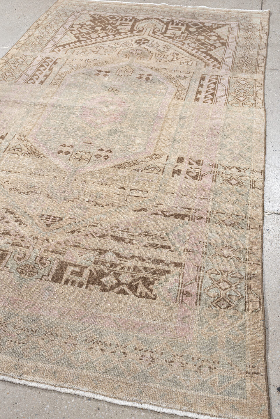 4' x 7' one-of-a-kind handmade antique Malayer medium size rug. Color palette: ivory, taupe, blush, pale blue, brown, sand