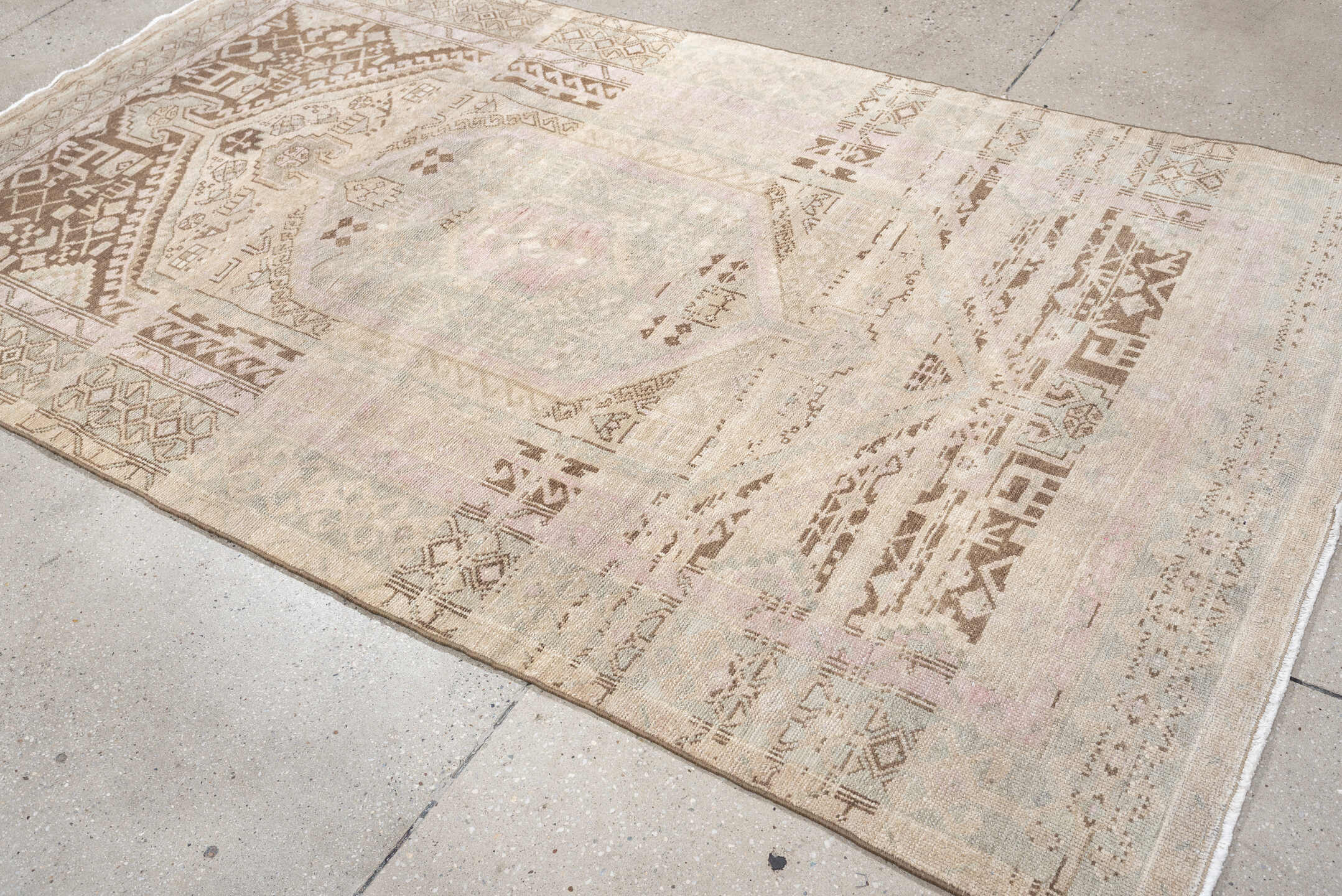 4' x 7' one-of-a-kind handmade antique Malayer medium size rug. Color palette: ivory, taupe, blush, pale blue, brown, sand