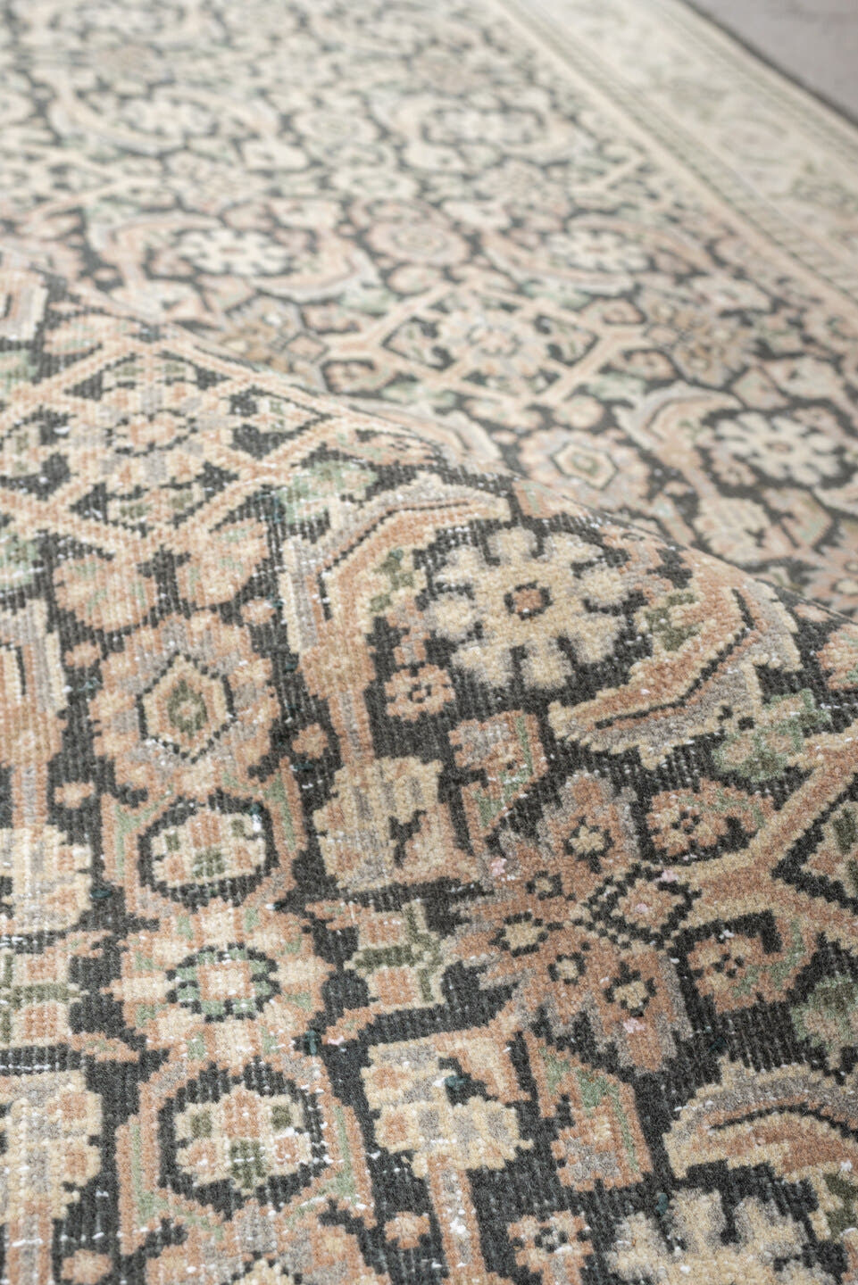 4' x 6' one-of-a-kind handmade antique Tabriz small size rug. Color palette: ivory, charcoal, sage, blush, taupe, black
