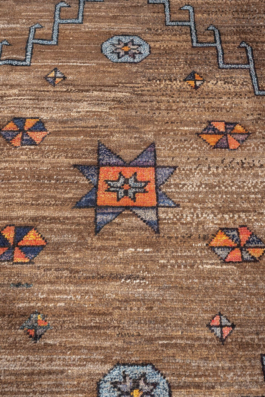 8' x 10' one-of-a-kind handmade vintage Kars large size rug. Color palette: camel, navy, terracotta, rust, slate, ivory