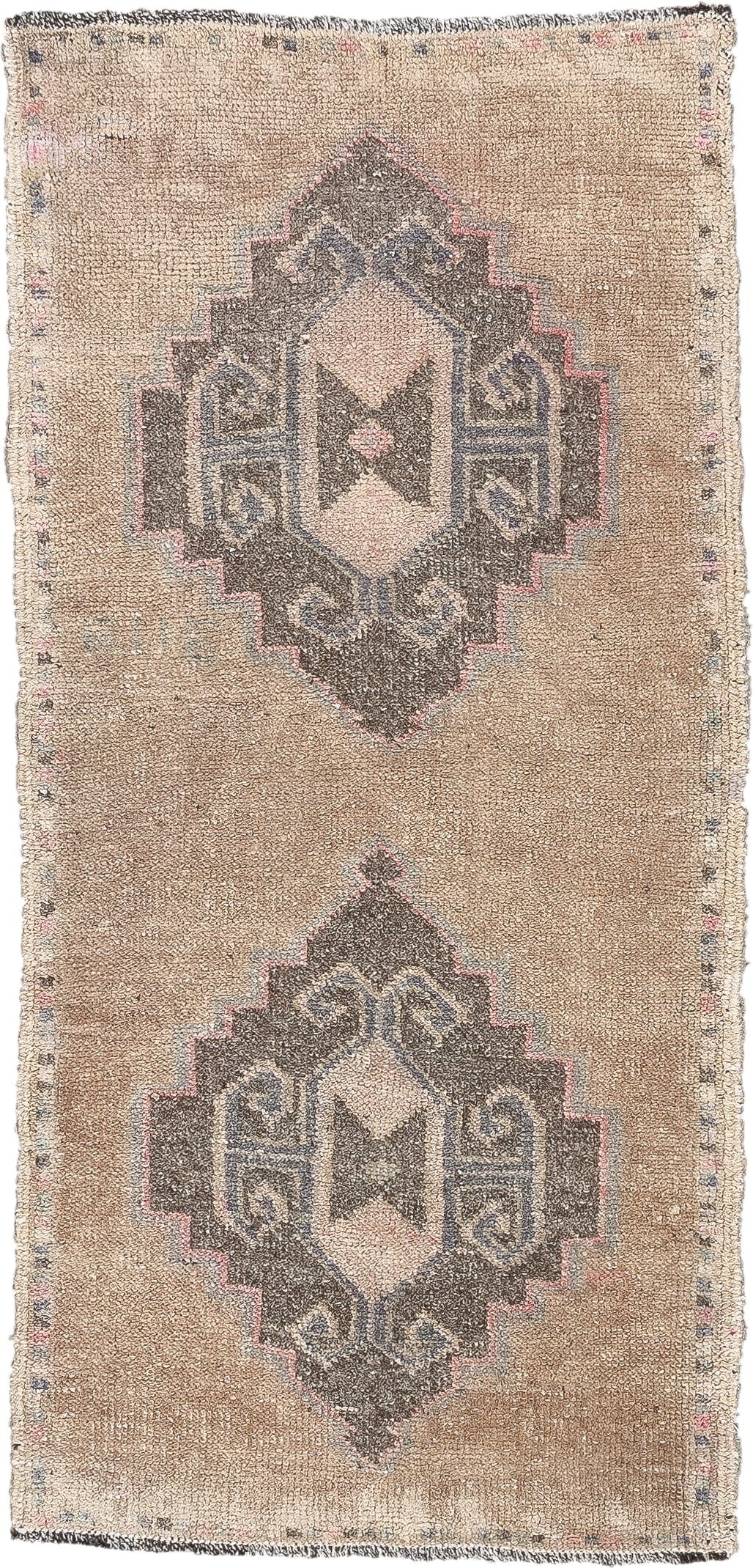 1' x 3' one-of-a-kind handmade vintage Oushak small size rug. Color palette: camel, taupe, charcoal, ivory, faded rose