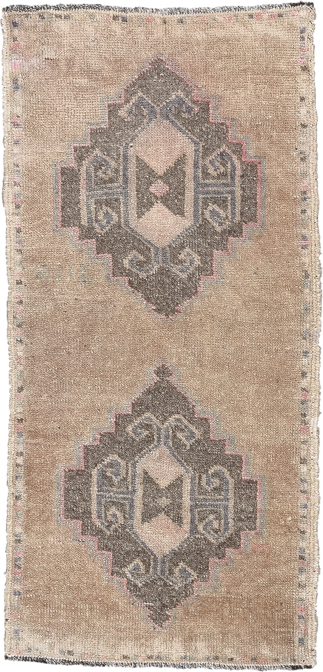 1' x 3' one-of-a-kind handmade vintage Oushak small size rug. Color palette: camel, taupe, charcoal, ivory, faded rose