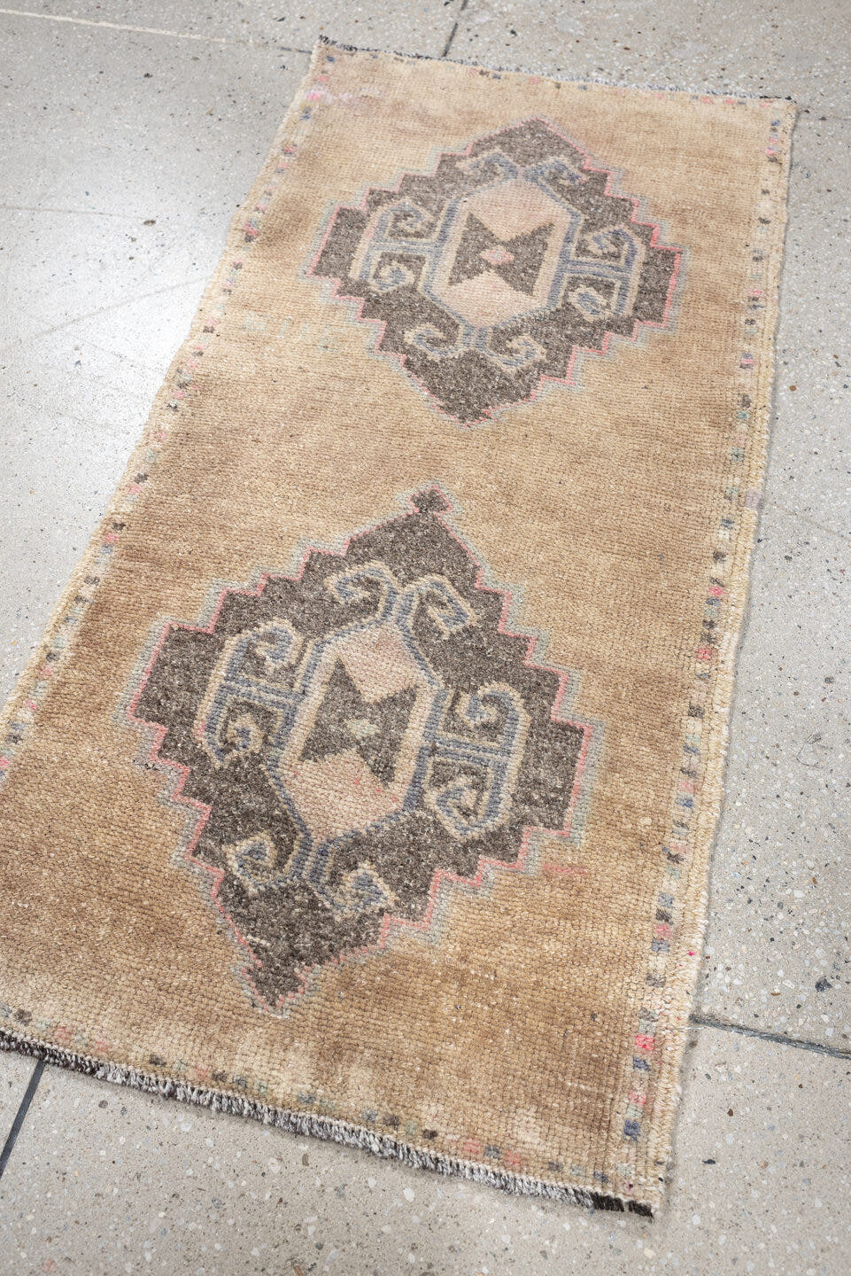 1' x 3' one-of-a-kind handmade vintage Oushak small size rug. Color palette: camel, taupe, charcoal, ivory, faded rose