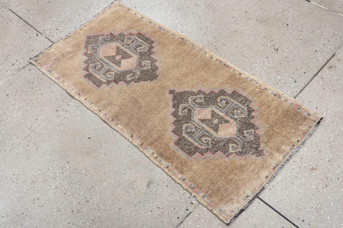 1' x 3' one-of-a-kind handmade vintage Oushak small size rug. Color palette: camel, taupe, charcoal, ivory, faded rose