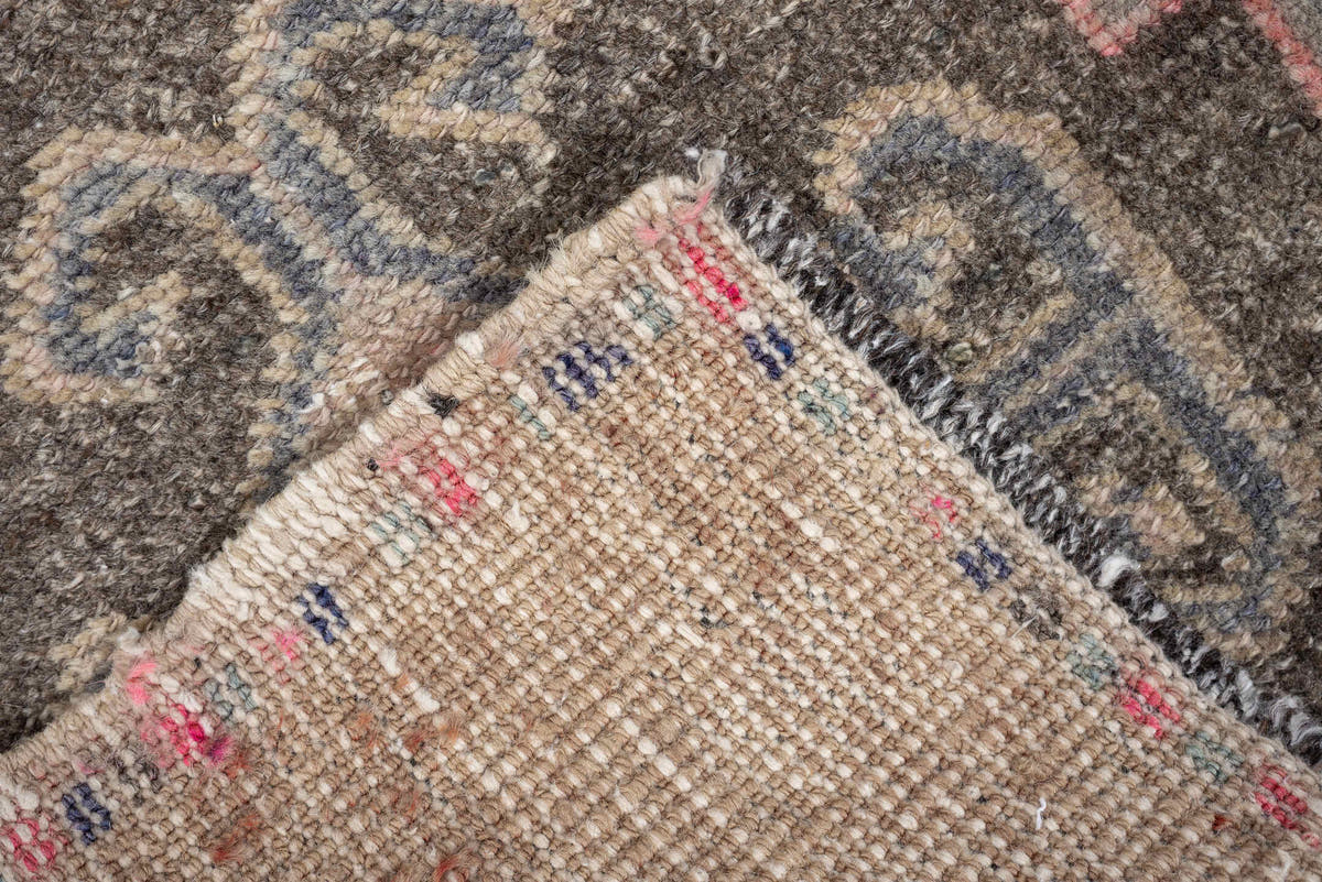 1' x 3' one-of-a-kind handmade vintage Oushak small size rug. Color palette: camel, taupe, charcoal, ivory, faded rose