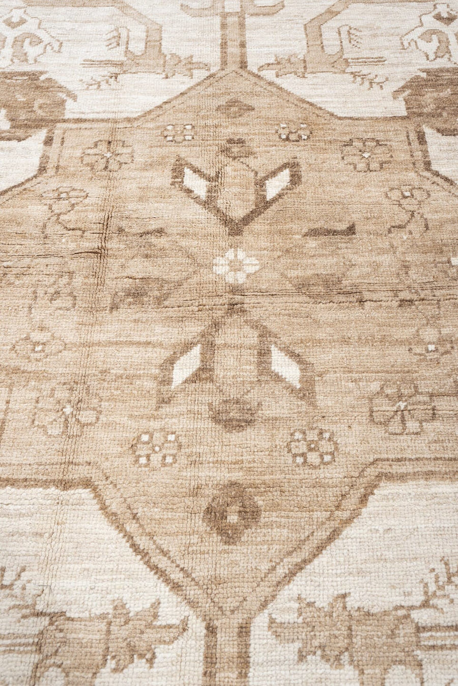 11' x 15' one-of-a-kind handmade vintage Kars oversize rug. Color palette: ivory, beige, taupe, camel, soft brown, sand