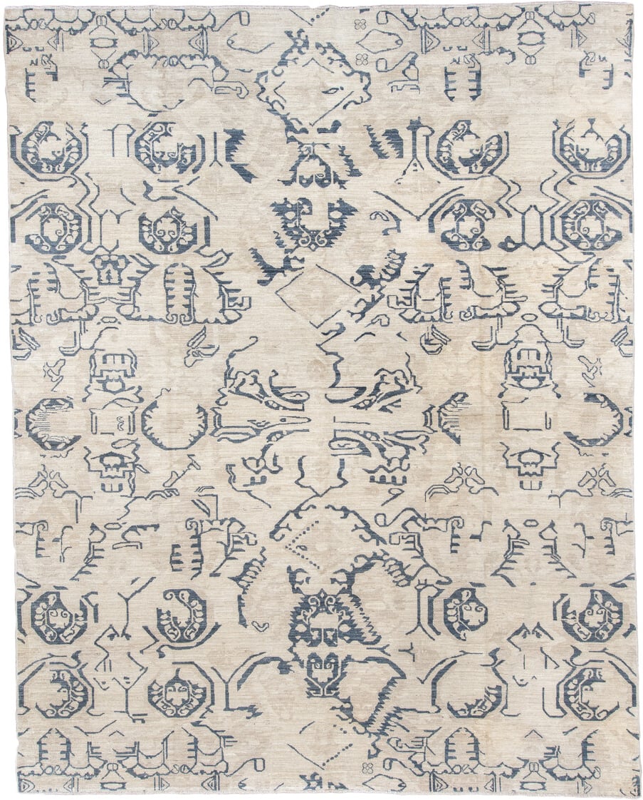 9' x 12' one-of-a-kind handmade vintage Karabagh large size rug. Color palette: ivory, slate blue, blue gray, taupe