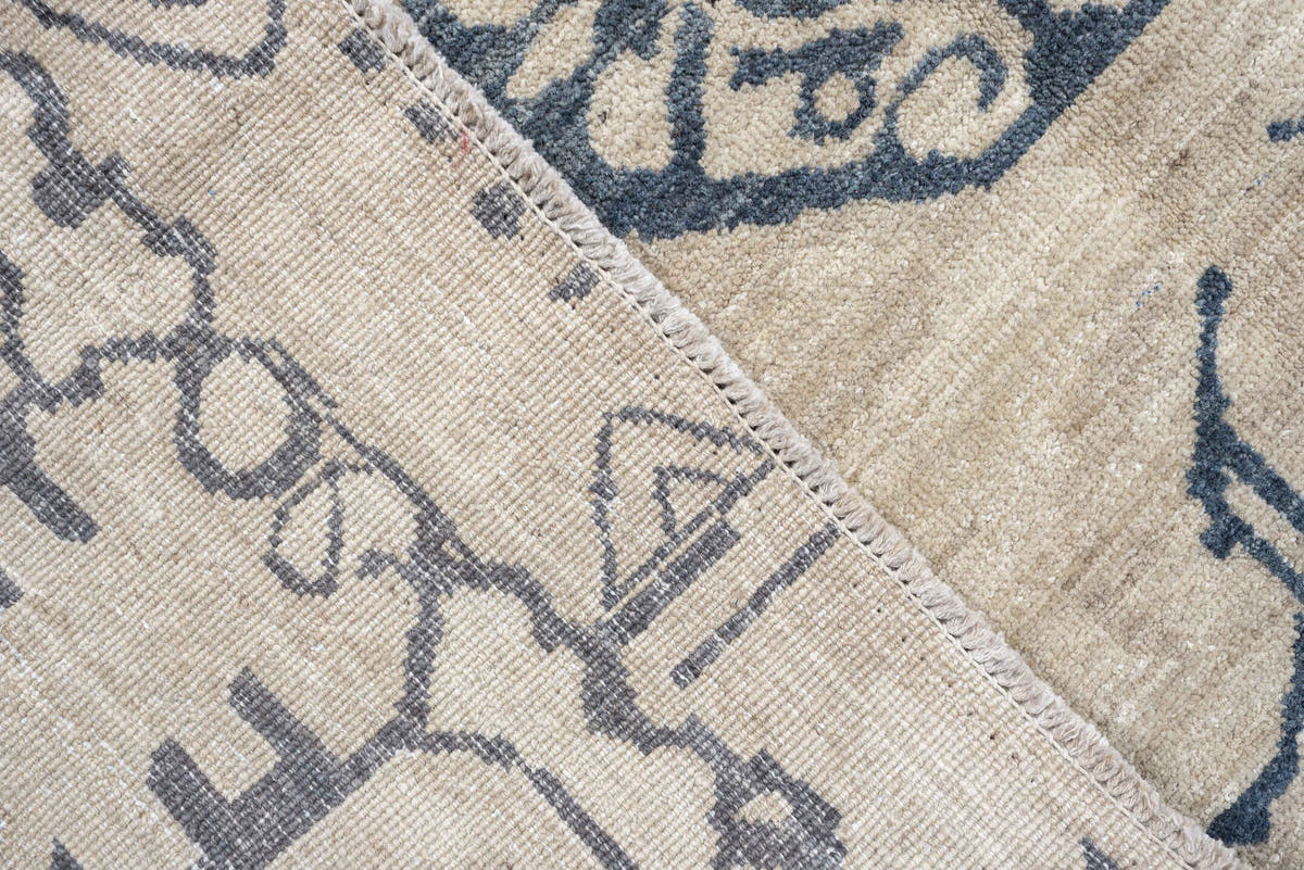 9' x 12' one-of-a-kind handmade vintage Karabagh large size rug. Color palette: ivory, slate blue, blue gray, taupe