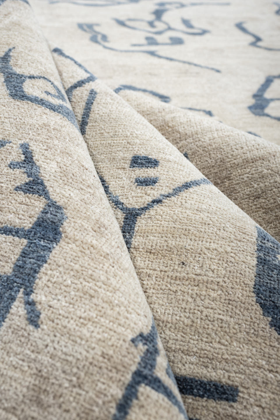 9' x 12' one-of-a-kind handmade vintage Karabagh large size rug. Color palette: ivory, slate blue, blue gray, taupe