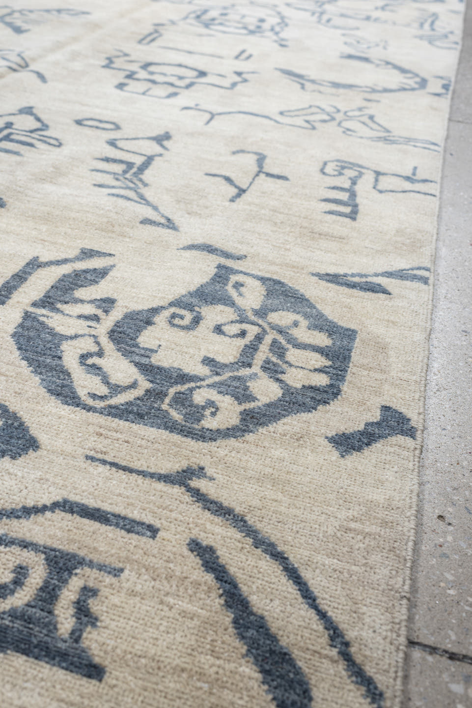 9' x 12' one-of-a-kind handmade vintage Karabagh large size rug. Color palette: ivory, slate blue, blue gray, taupe