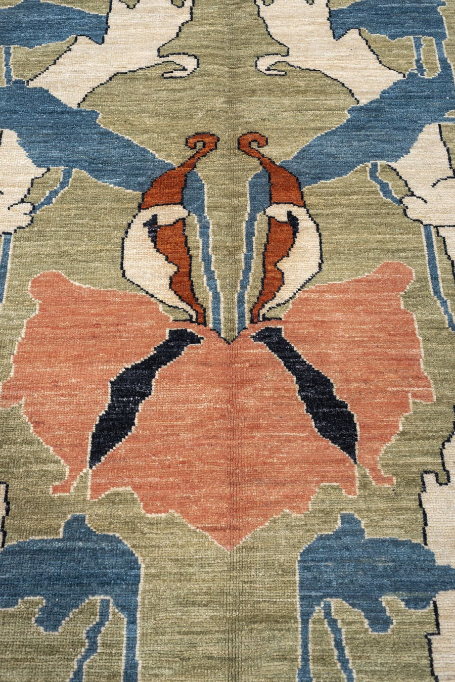 9' x 12' one-of-a-kind handmade vintage Afghan large size rug. Color palette: sage, salmon pink, ivory, blue gray, navy