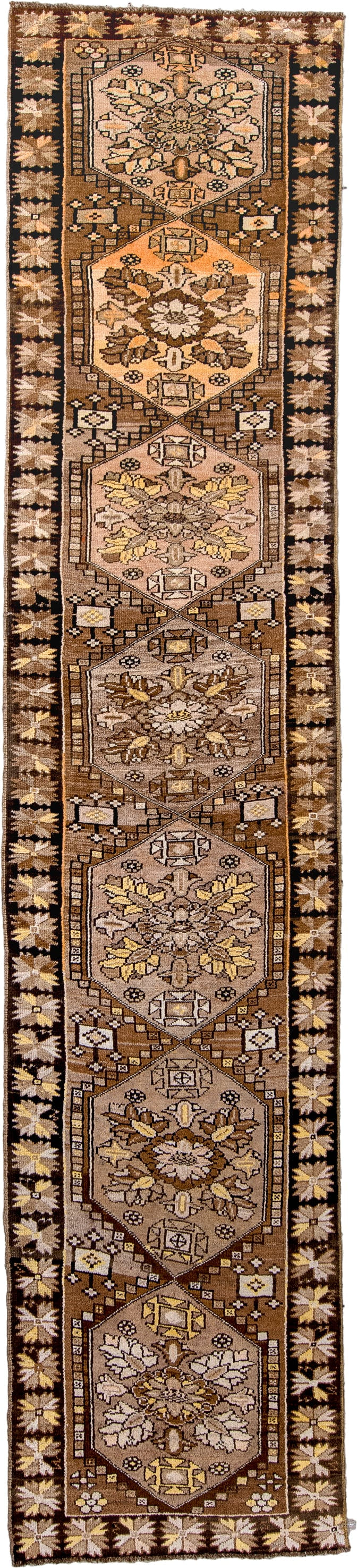 2' x 13' one-of-a-kind handmade antique Anatolian runner rug. Color palette: camel, brown, ivory, saffron, taupe, rose