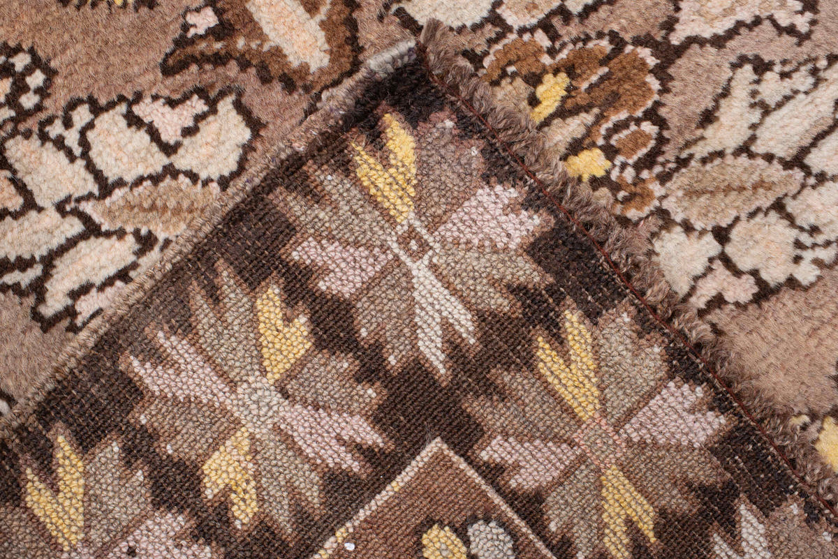 2' x 13' one-of-a-kind handmade antique Anatolian runner rug. Color palette: camel, brown, ivory, saffron, taupe, rose