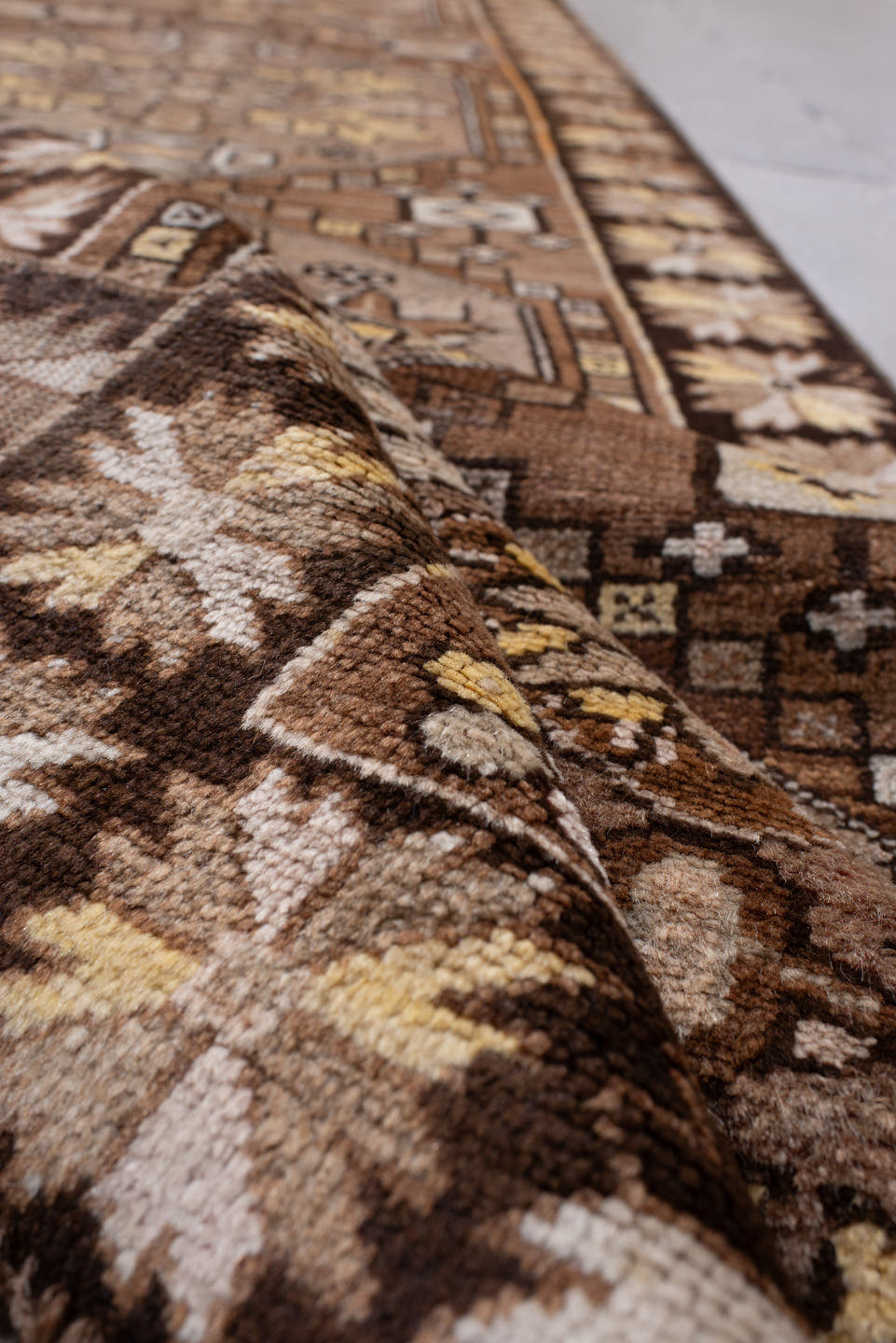 2' x 13' one-of-a-kind handmade antique Anatolian runner rug. Color palette: camel, brown, ivory, saffron, taupe, rose