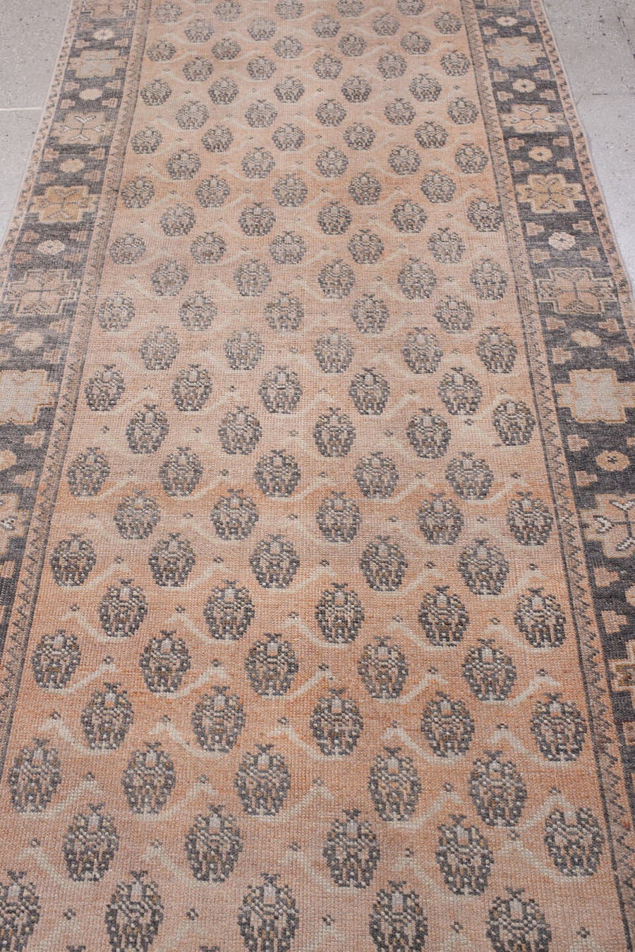 3' x 12' one-of-a-kind handmade antique Anatolian runner rug. Color palette: camel, charcoal, ivory, taupe, tan, slate