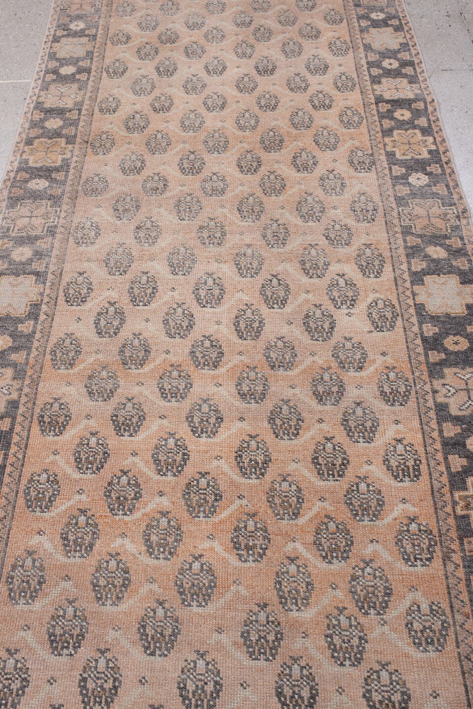 3' x 12' one-of-a-kind handmade antique Anatolian runner rug. Color palette: camel, charcoal, ivory, taupe, tan, slate