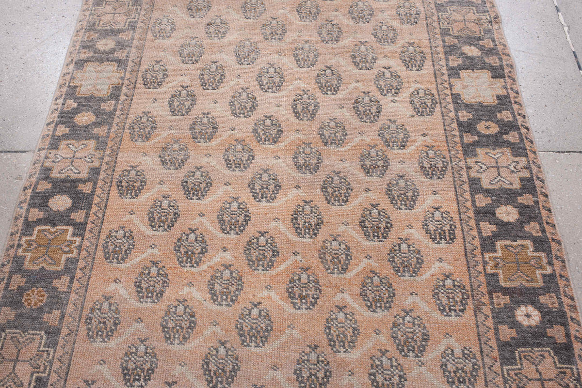 3' x 12' one-of-a-kind handmade antique Anatolian runner rug. Color palette: camel, charcoal, ivory, taupe, tan, slate