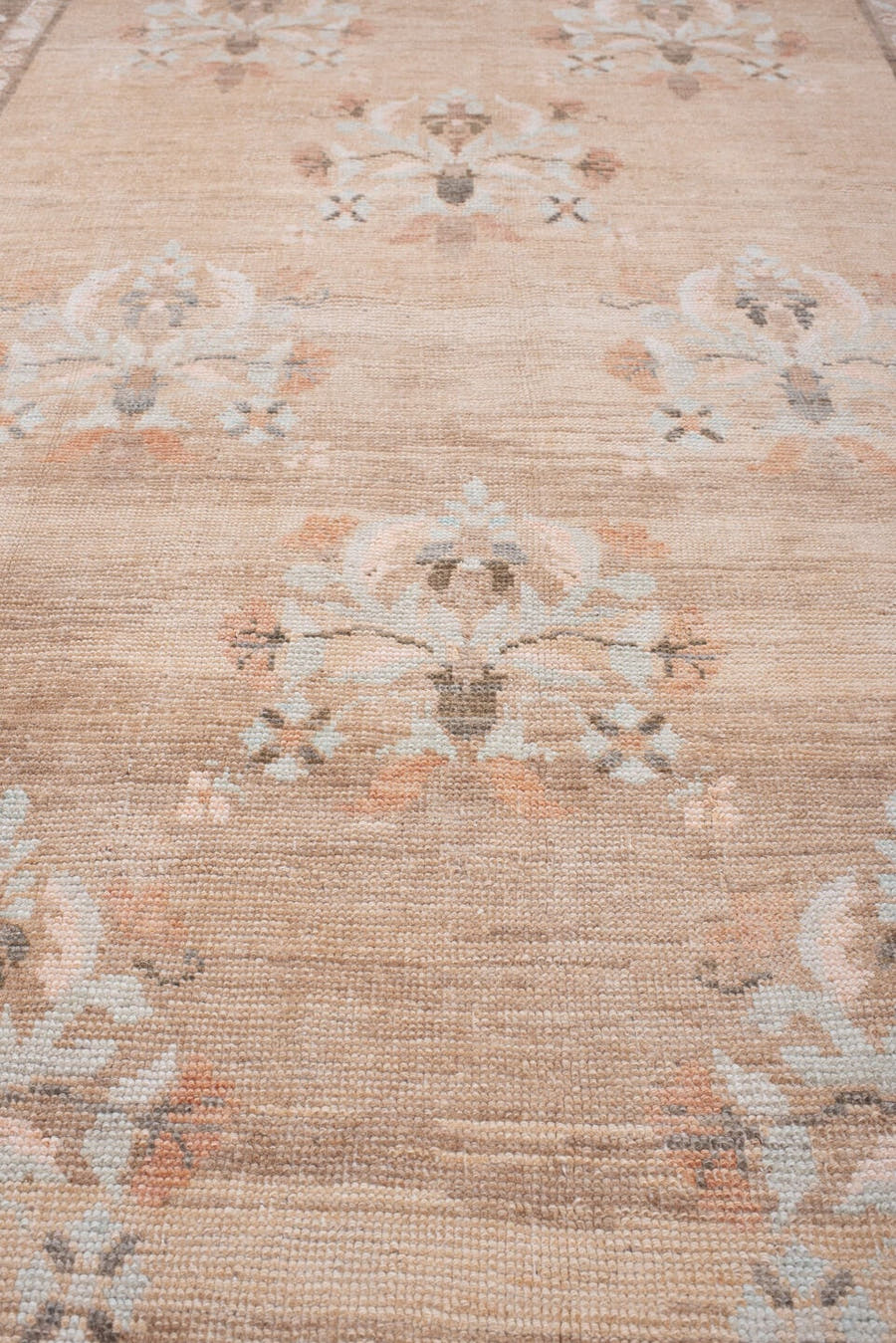 5' x 11' one-of-a-kind handmade antique Anatolian large size rug. Color palette: taupe, charcoal, blush, ivory, peach, sage