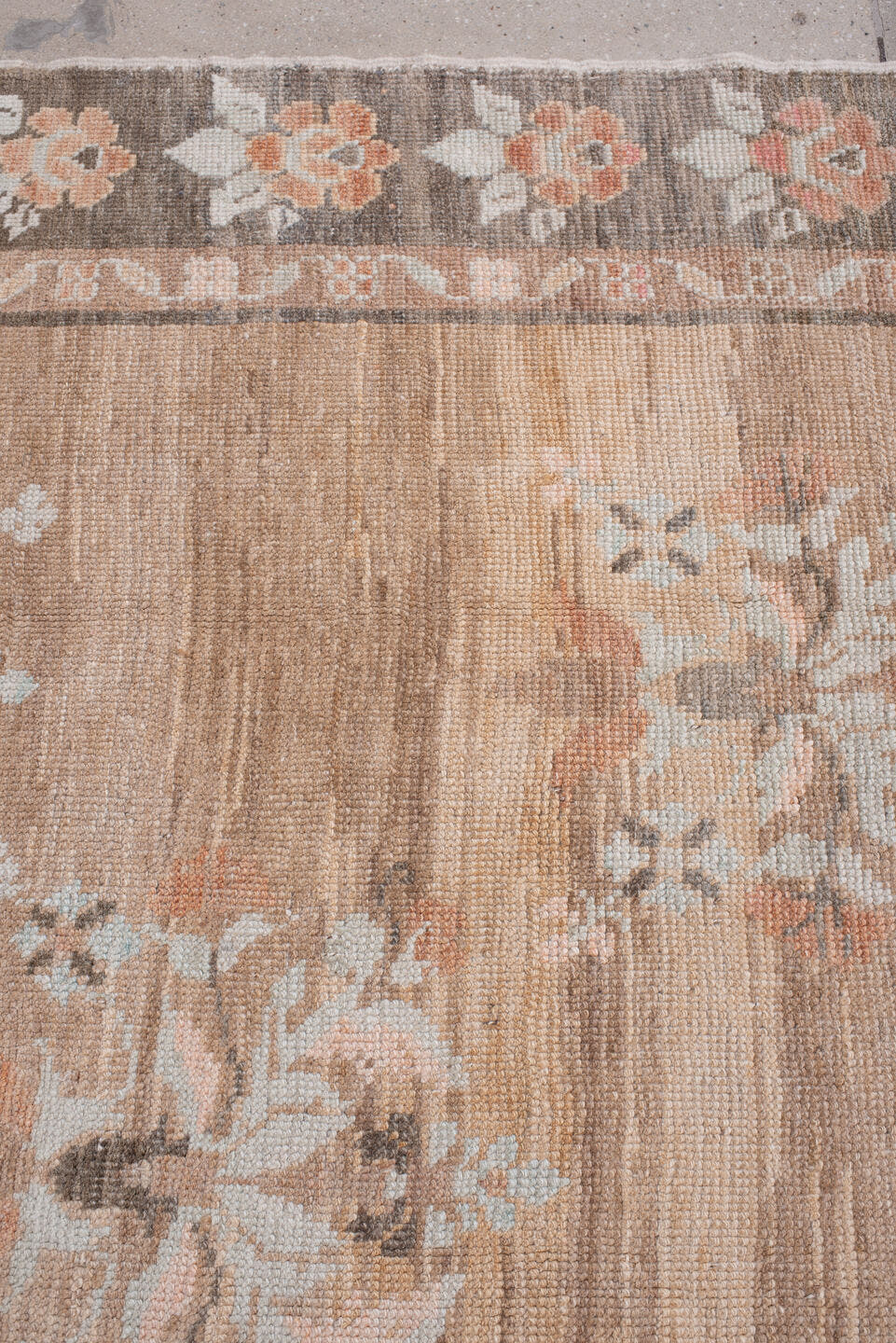 5' x 11' one-of-a-kind handmade antique Anatolian large size rug. Color palette: taupe, charcoal, blush, ivory, peach, sage