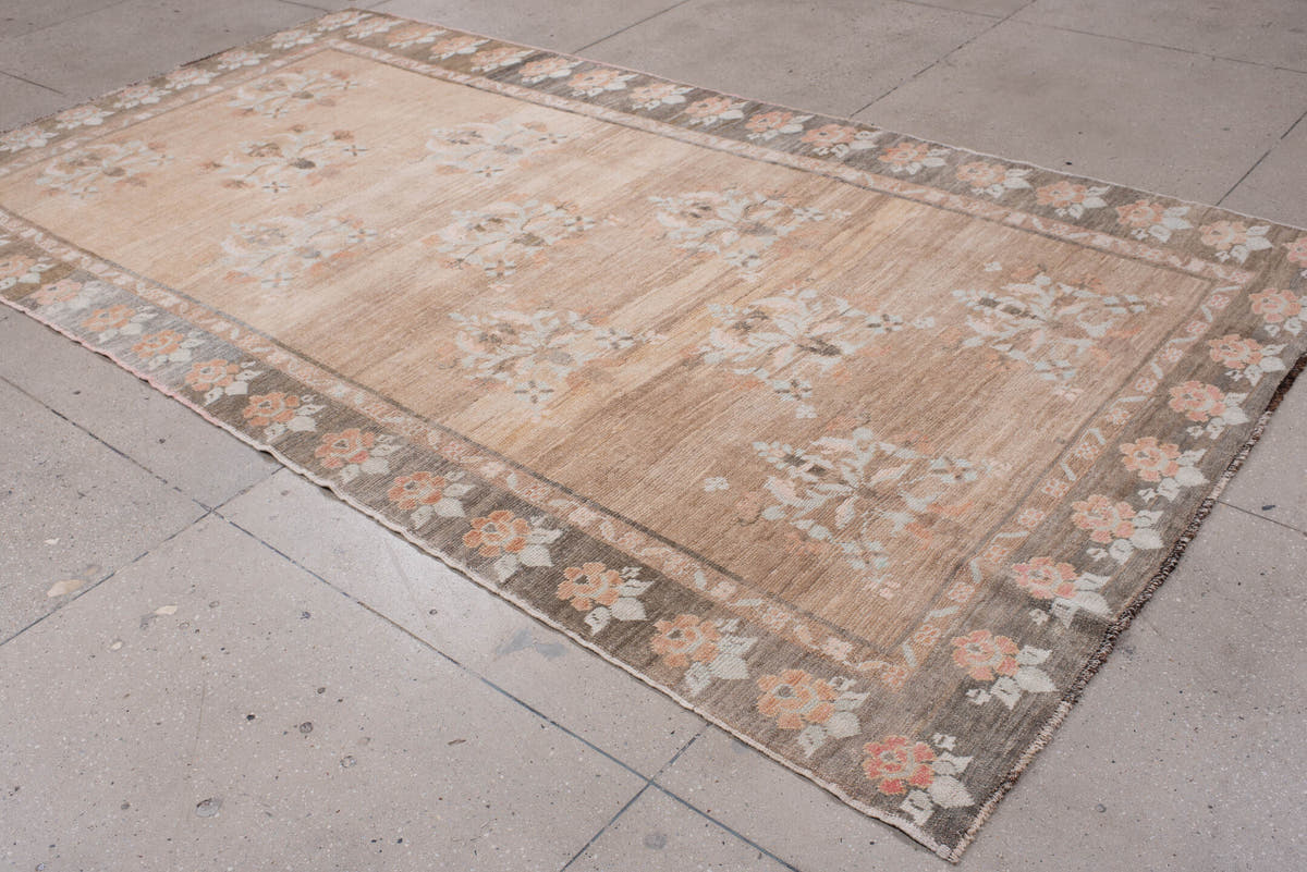 5' x 11' one-of-a-kind handmade antique Anatolian large size rug. Color palette: taupe, charcoal, blush, ivory, peach, sage