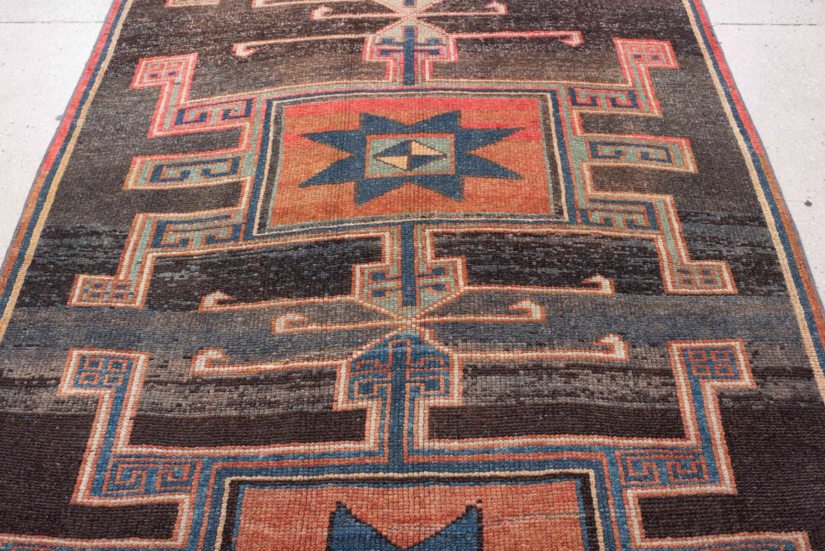 4' x 15' one-of-a-kind handmade antique Kars runner rug. Color palette: charcoal, rust, teal, ivory, terracotta, coral