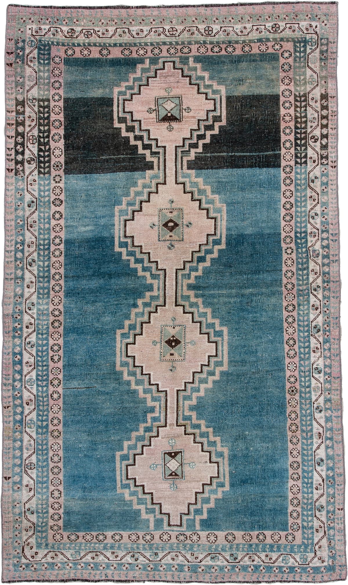 4' x 7' one-of-a-kind handmade antique Shiraz rug. Color palette: teal blue, ivory, blush, charcoal, slate blue, dark brown