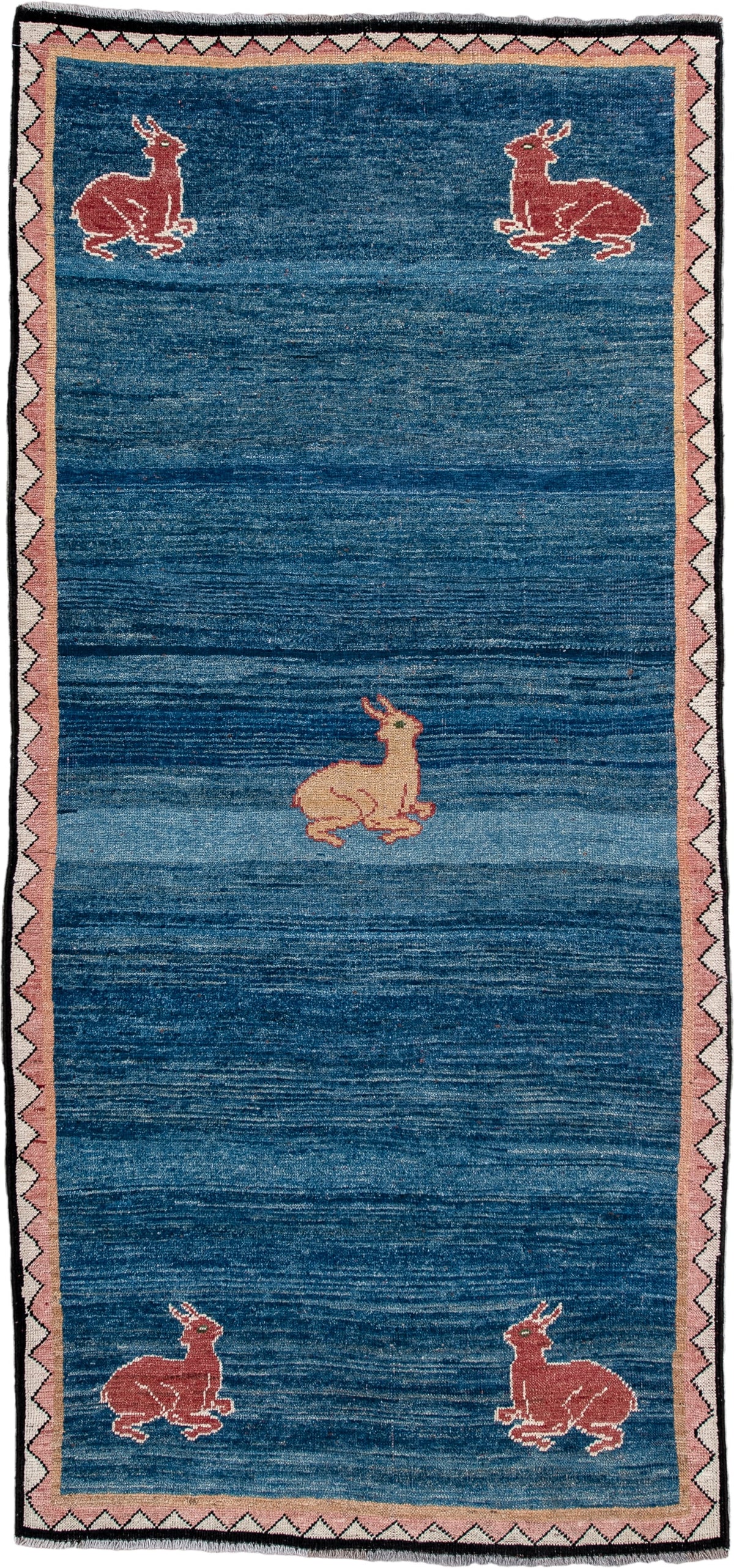 3' x 8' one-of-a-kind handmade antique Gabbe runner rug. Color palette: indigo, rust, ivory, blush, camel, charcoal, purple
