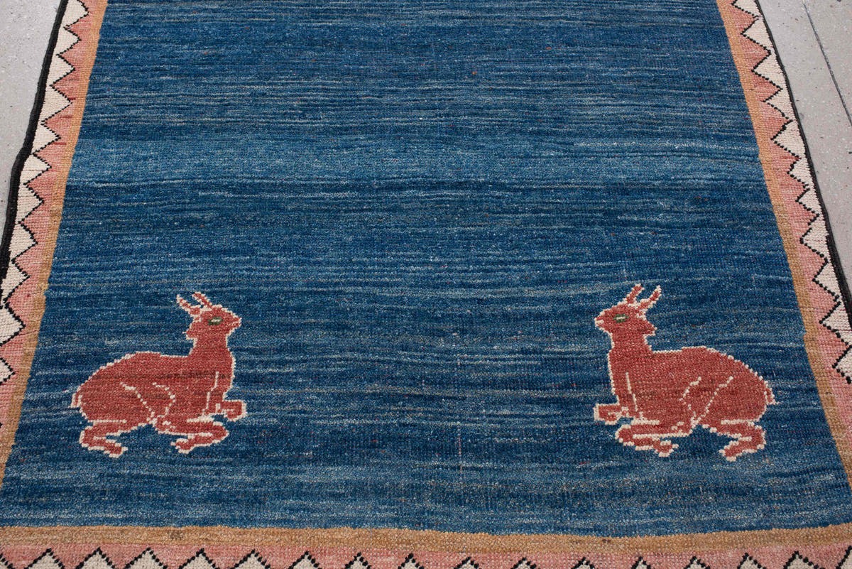 3' x 8' one-of-a-kind handmade antique Gabbe runner rug. Color palette: indigo, rust, ivory, blush, camel, charcoal, purple