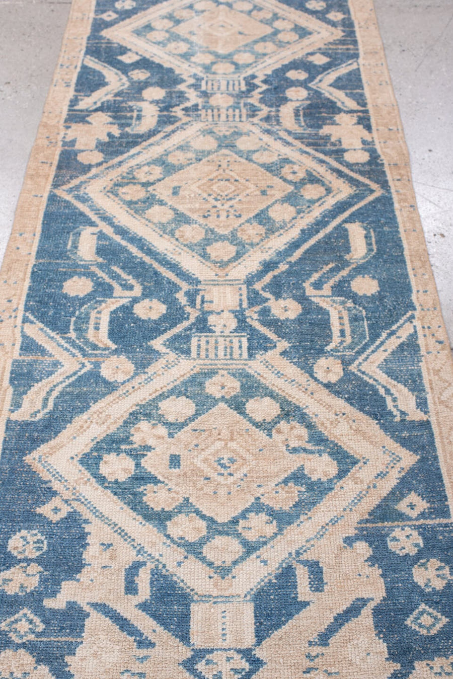 2' x 6' one-of-a-kind handmade antique Hamadan runner rug. Color palette: indigo, ivory, beige, camel, taupe, purple, gray